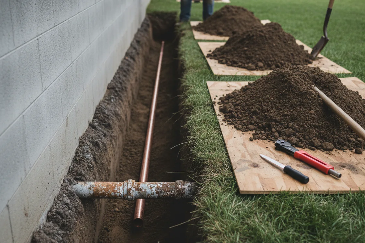 Excavated water line trench during Sewer Line Repair in Camptonville
